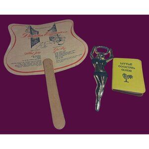 Vintage Cocktail Set: Little Cocktail Guide Plantation Fan & Woman Bottle Opener
